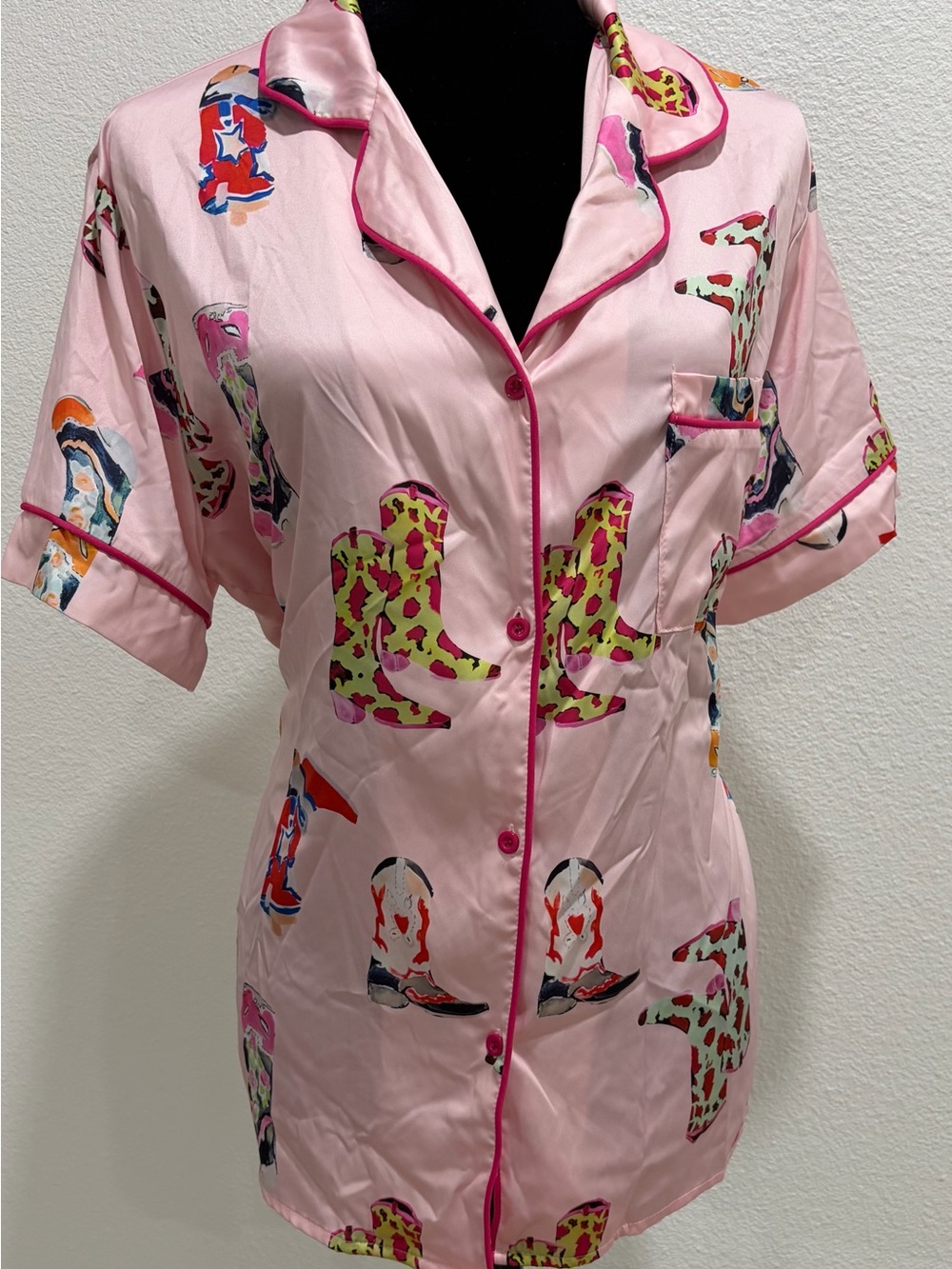 Pink Button-Up Sleep Shirt with Colorful Cowboy Boot Print